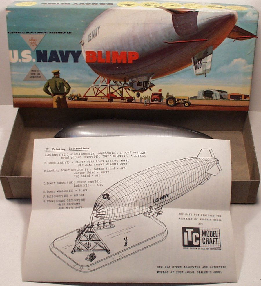 Ideal US Navy Blimp Model Kit, 1:330 scale, mint in: Ideal US Navy Blimp Model Kit, 1:330 scale, mint condition in the original box, designed by Pritchet & Plevin Studios, 1957