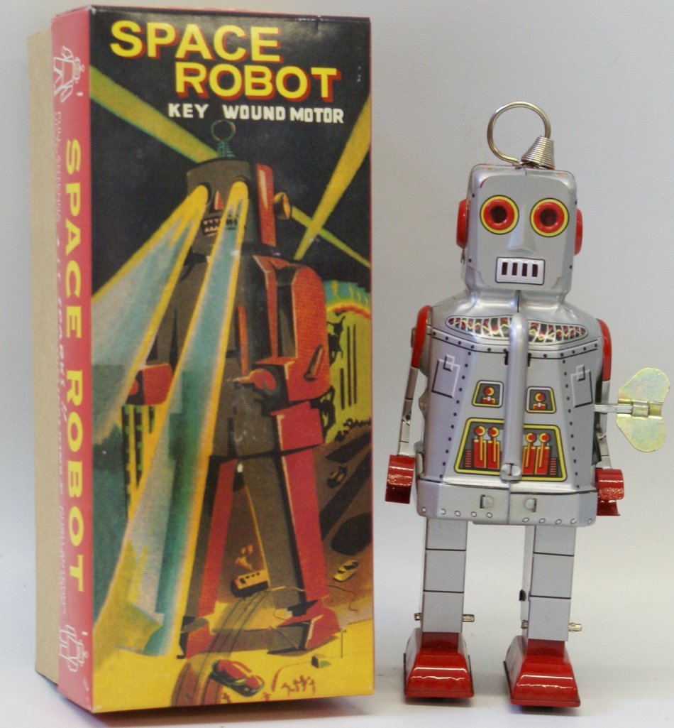 Tin Litho Windup Toy SPACE ROBOT MS403, mint in: Tin Lithographed Wind up SPACE ROBOT MS 403, 7" tall space toy with key, mint in original box, made in China. Unused and not displayed. Pull antenna to make him wall, and push down antenna to stop him