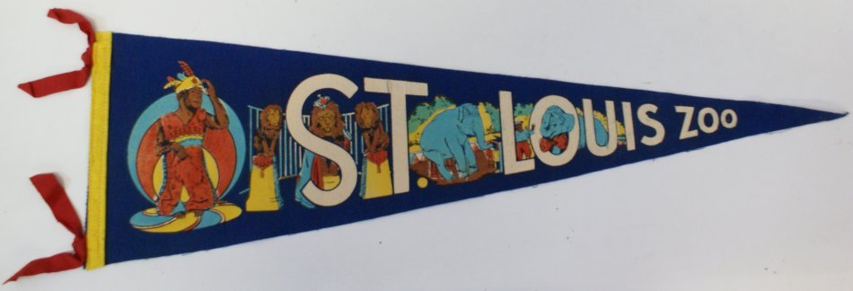 Vintage ST. LOUIS ZOO Felt Souvenier Pennant Banner: Continental Hobby is pleased to offer this Original Vintage ST. LOUIS ZOO Felt Souvenier Pennant Banner Flag. Pennant is made of thick, soft blue felt, and measures 26-1/2" x 8-1/2". Pennant shows ani