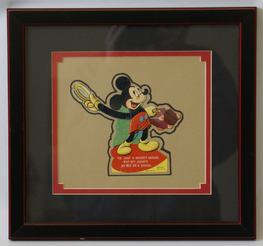Vintage 1930 Walt Disney Mickey Mouse Mechanical: Vintage 1930 Walt Disney Mickey Mouse Mechanical Valentine. Mickey has moveable arm. Card reads "I'm just a Mickey Mouse but my heart's as big as a house". Mickey measures 5" high x 5" wide. Beautiful