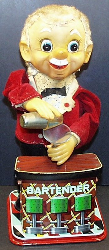 Vintage ORIGINAL 1950's Battery Operated BARTENDER,: Vintage original 1950s battery operated Bartender by Rosco. Made in Japan. Nice working condition. Nice action. Blows smoke out of his ears and face lights up as he takes a drink. Nice clean battery b