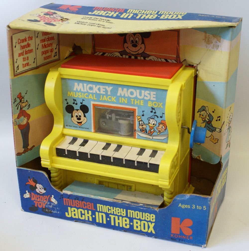 Vintage 1975 Kohner Mickey Mouse Musical JACK IN THE: Vintage 1975 Kohner Mickey Mouse Musical JACK IN THE BOX Piano in the original box. Crank the handle and listen to a tune, then watch real close as Mickey pops up soon. Model #711, made by Kohner Bros