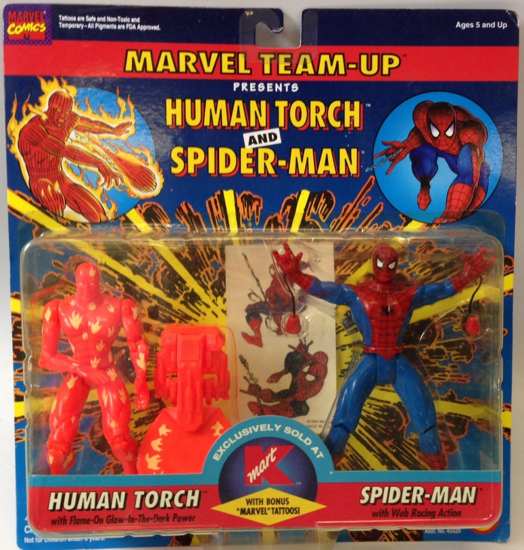 Vintage Marvel Toy Biz 5" Action Figures HUMAN TORCH &: Marvel Team-up Human Torch and Spider-man Exclusive K-Mart Action Figures with tattoos. Made by Toy Biz, licensed by Marvel Comics, 1995. #45522. 2 5" figures.