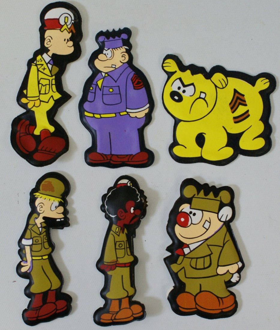 Vintage 1974 Lot of 6 Beetle Bailey Cartoon Puffy: RARE Vintage 1974 Lot of 6 Beetle Bailey Comic Cartoon Vinyl Puffy Refrigerator Magnets by King Features Syndicate Inc., Hong Kong. This lot contains Lieut. Fuzz, Zero, Sgt. Snorkle, Lieut. Flap (has 