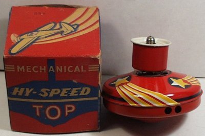 Vintage Hy-Speed Mechanical Spinning Top by Orianna: Vintage Hy-Speed Mechanical Spinning Top by Orianna Metal Products Inc., 3-3/4" Diameter, mint condition in the original box