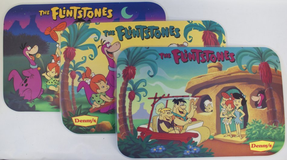 Vintage Complete Set of 3 Denny's THE FLINTSTONES Vinyl: Vintage 1989 Complete Set of 3 Denny's Placemats featuring The Flinstones. These vinyl laminated placemats are sure to bring back fond childhood memories of the Flinstones family set in the Stone Age 