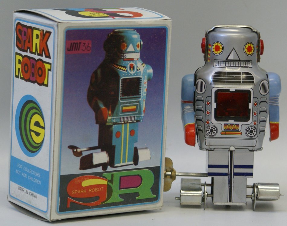 Tin Litho Windup SPARK ROBOT Space Toy JMT36, mint in: Tin Lithographed Wind up SPARK ROBOT Space Toy JMT 36 with key, 5-1/2" tall, mint in original box, made in China. Unused and not displayed. Great addition for your robot display collection. Untested. 
