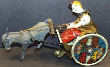 Lehmann EPL 425 Circus Clown on Stubborn Donkey Balky: Lehmann Circus Clown on Balky Mule Donkey Cart, Early Version, Hand Painted Clown, Very Good+ Condition.