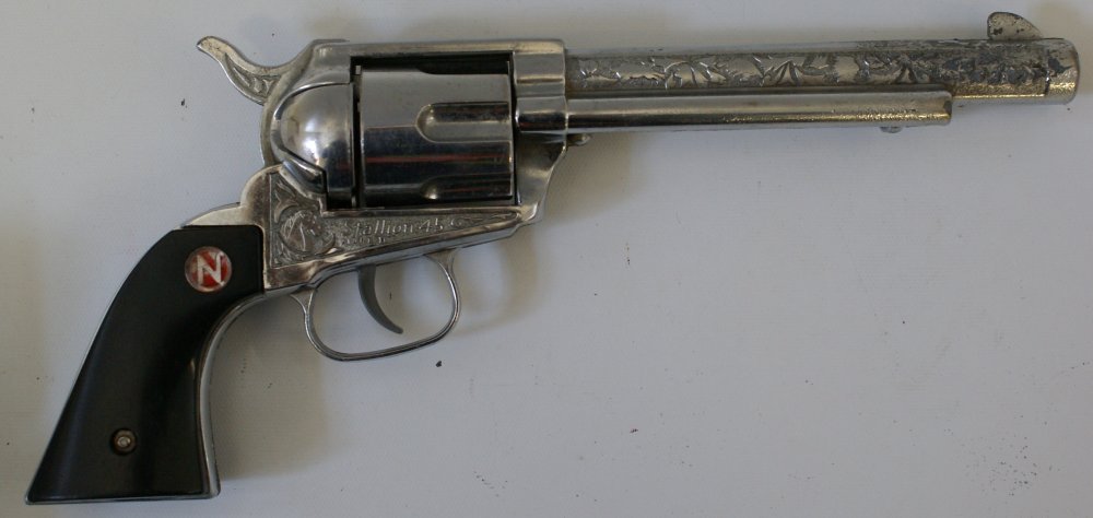 Nichols Stallion 45 Mk II Diecast Cap Gun, original: Nichols Stallion 45 Mk II Diecast Cap Gun, excellent original condition, one side has a little bit of chrome flaking, good working order, measures 12" long