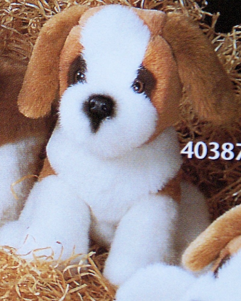 Sonni (Germany) Stuffed 11-3/4" St. Bernard Puppy Dog: Adorable Sonni (Germany) plush stuffed St. Bernard little puppy dog. This cute little guy is brown and white with black features. He measures 11-3/4" and is in a standing position. Extremely high, col