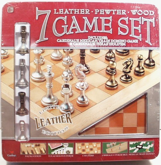 Vintage Cardinal Leather 7 Game Set w/ Pewter Game: Vintage Cardinal Leather 7 Game Set with Pewter Game Pieces. Play games like Chess, Backgammon, Texas Hold'Em, Checkers, Cribbage, Poker Dice, and Mixican Train Dominoes. Game board is a wooden frame