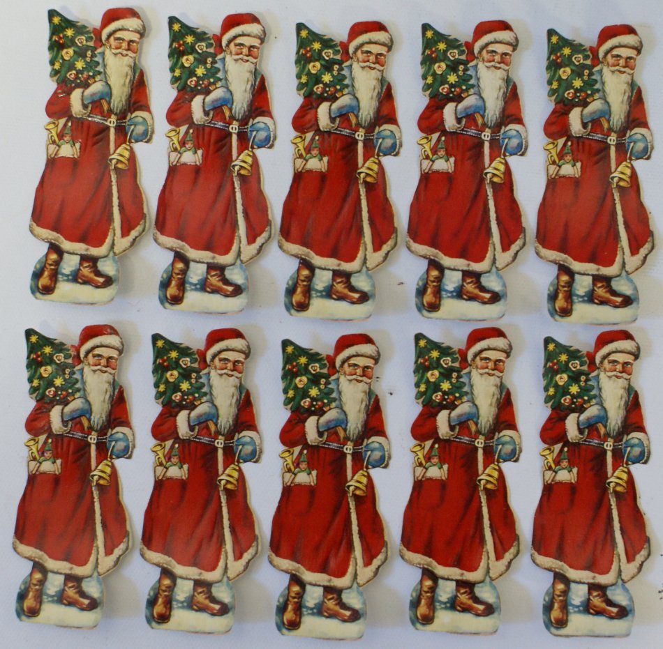 Vintage 10 German 4" Embossed Die Cut 1930s Scrap Santa: Vintage Lot of 10 German 4" Embossed Die Cut 1930s Scrap Santa Claus with Christmas Tree, Toys, and Bell. Beautiful bright colors. Old store stock. Mint condition.