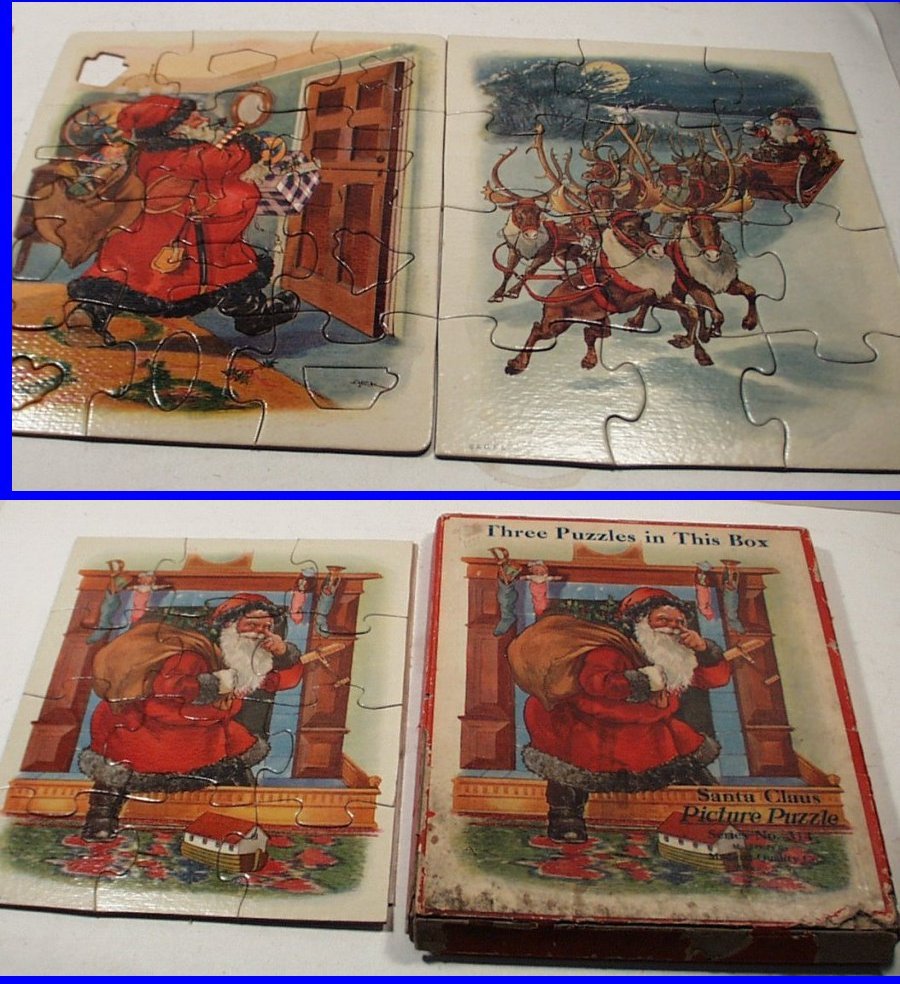 RARE Vintage Boxed Set of 3 Santa Claus Christmas: Vintage Boxed Set of 3 Santa Claus Christmas Picture Puzzles by Madmar Quality Co., Series No. 314. Puzzles depict Santa in 3 different settings. The puzzles each measure 8" x 10". Puzzle with Santa a
