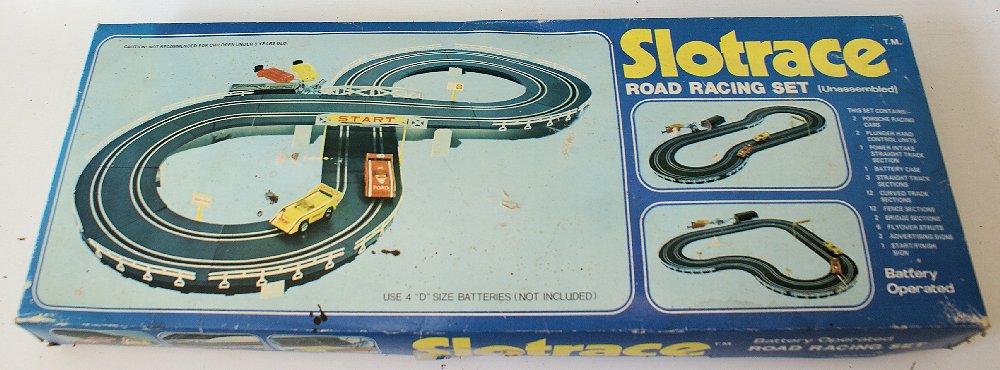 70s SLOTRACE Road Racing Slot Car Bat Op Set #202A in: Vintage 1970's SLOTRACE Road Racing Slot Car Battery Operated Set #202A in Original Box! The set doesn't appear to have been used but a couple times. Everything appears to be present. Uses 4 "D" size 
