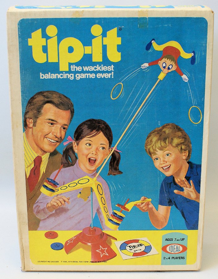 1974 Ideal TIP-IT the Wackiest Balancing Game Ever,: Vintage 1974 Ideal TIP-IT the Wackiest Balancing Game Ever, still sealed in the original box! Box has very minor shelfwear and a little dusty. Box measures 15" x 11" x 4". A fabulous game set to add t