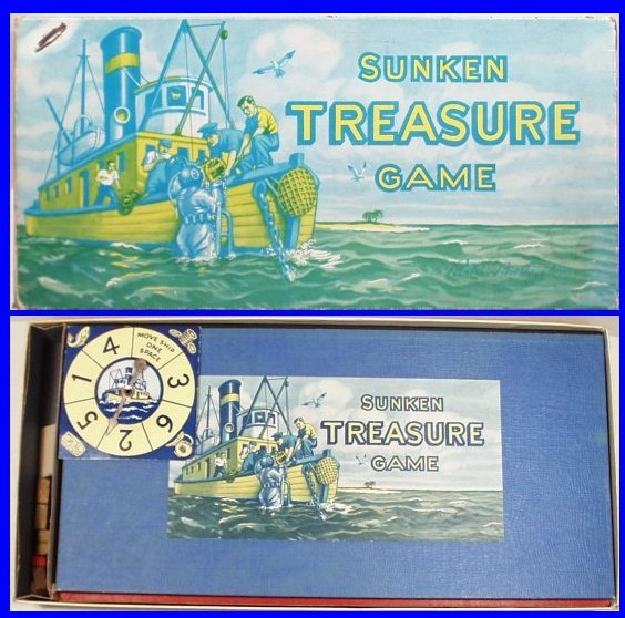 1948 SUNKEN TREASURE Board Game by Parker Brothers: Vintage 1948 SUNKEN TREASURE Board Game by Parker Brothers. Excellent condition in the original box. Box measures 16" x 8". Nice lithography. Includes the boats and divers. (inventory code bb4)