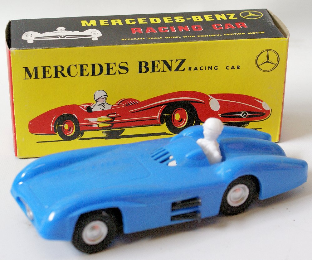 Mak's Plastic MERCEDES BENZ Friction Toy Racing Car: Vintage Mak's Plastic Mercedes-Benz Friction Toy Red Race Car with White Driver. Old store stock. New in the original box. Accurate scale model with powerful friction motor. Made in Hong Kong. Measure