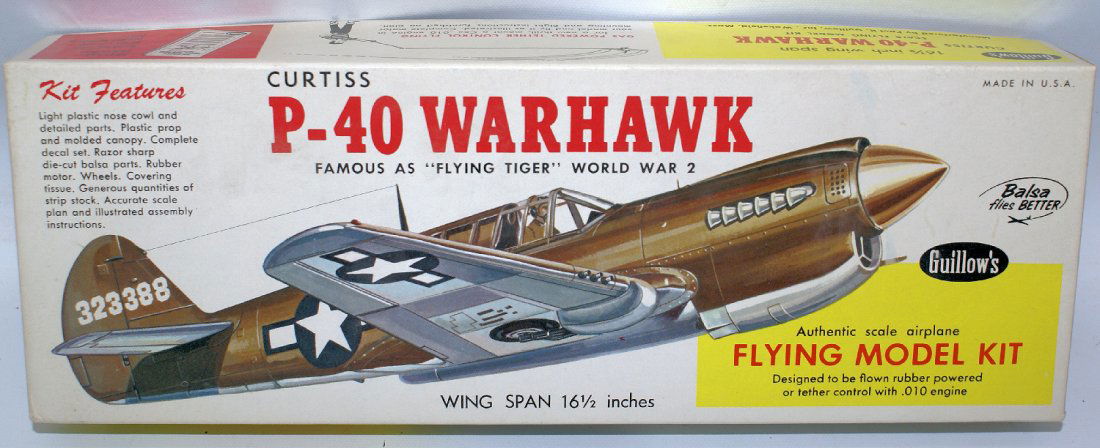 Guellow's #501 WWII Curtiss P-40 Warhawk Flying Tiger: Vintage Guellow's #501 WWII Curtiss P-40 Warhawk Flying Tiger Fighter Plane Balsa Wood Model Kit. To be flown rubber powered or tether control with .010 engine. 16-1/2" wingspan. Mint condition in the