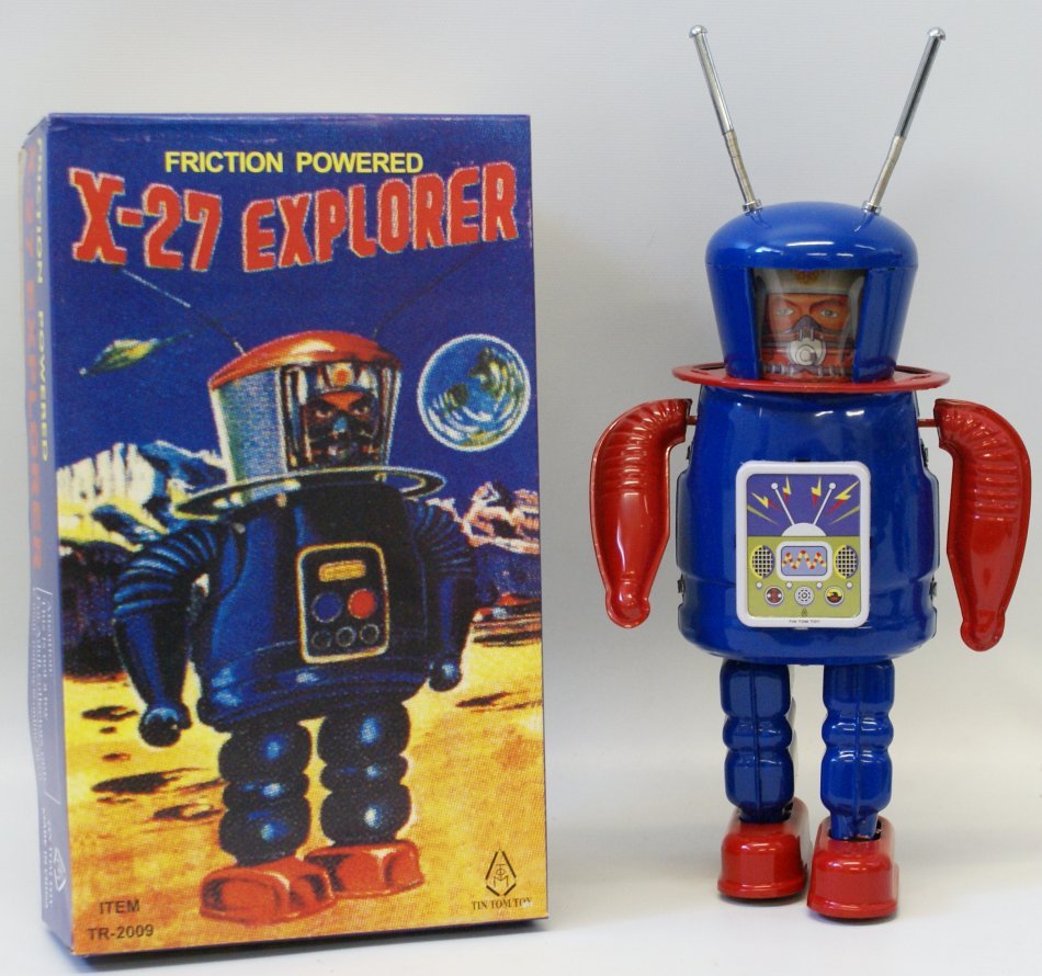 Tin Windup Friction X-27 EXPLORER ROBOT with key: Tin Lithographed Wind up Friction Powered X-27 EXPLORER ROBOT Space Toy with Key, by Tin Tom Toy, blue color, brand new in the original box with inserts, 10-3/4" tall from bottom of feet to top of ant