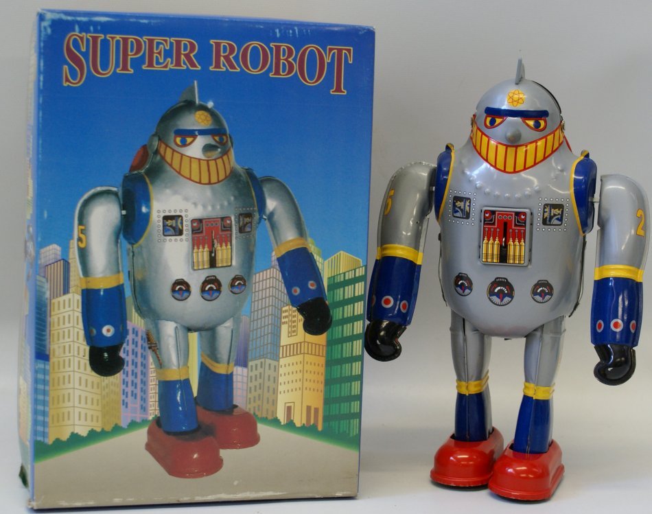 Tin Windup SUPER ROBOT MS 417, mint in origiinal box: Tin Lithographed Wind up SUPER ROBOT Space Toy MS417 with key. Mint in origianl box with insert. Stands 8-3/4" tall. Unused and not displayed. Made in China. Great addition for your robot display. Unt