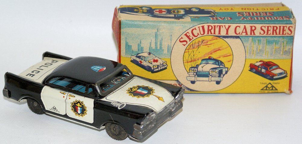 Vintage 50's Tin Friction Police Car M-1045 "Security: ULTRA RARE Vintage 1950's Tin Lithographed Friction Powered Police Squad Car M-1045 in the "Security Car Series" by Mitsuhashi, Japan. Friction works well. Nice bright, early lithography. Car measures