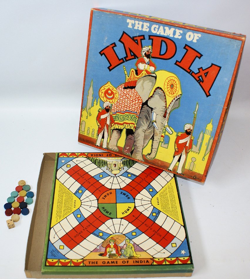 Vintage 1930's GAME OF INDIA #3042 Parcheesi Game by: Vintage 1930's GAME OF INDIA #3042 Parcheesi Game by Whitman Publishing. Beautiful bright cardboard lithography on the box cover and game board.Game set comes with board, wooden die, and 16 wooden gam