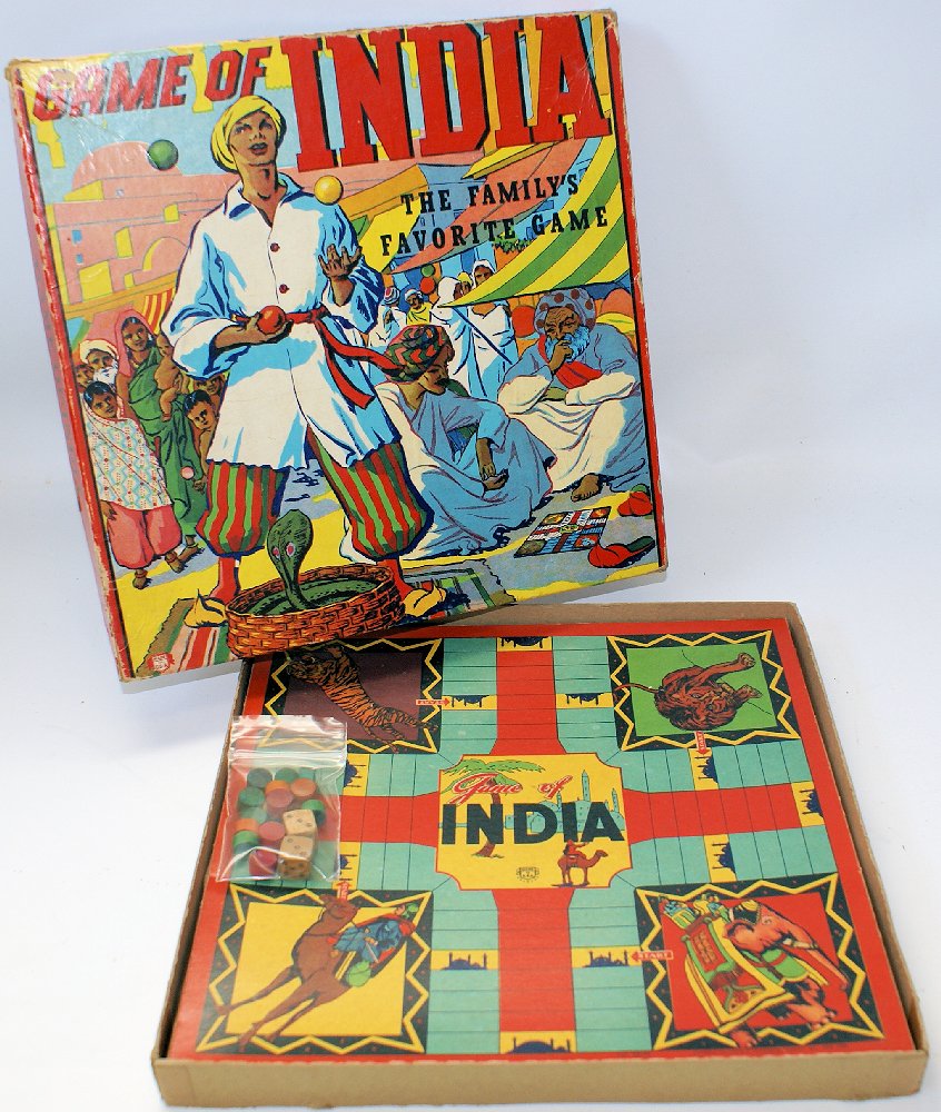Vintage 1937 Gold Medal GAME OF INDIA #1078 Parcheesi: Vintage 1937 Gold Medal GAME OF INDIA #1078 Parcheesi Game by Milton Bradley. Beautiful bright cardboard lithography on game board, as well as box cover. Game set comes with board with 2 wooden dice,