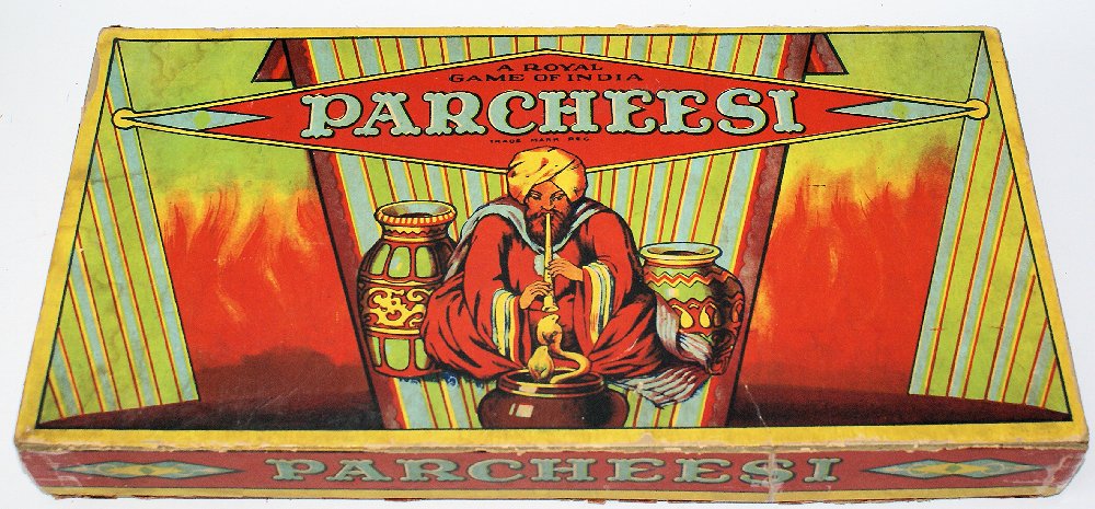 Vintage 1938 PARCHEESI "The Backgammon Game of India": Vintage 1938 PARCHEESI "The Backgammon Game of India" by Selchow & Righter Co, New York, USA. Beautiful bright lithography on the box cover! Game set comes with gameboard, 16 wooden colored pawns, and