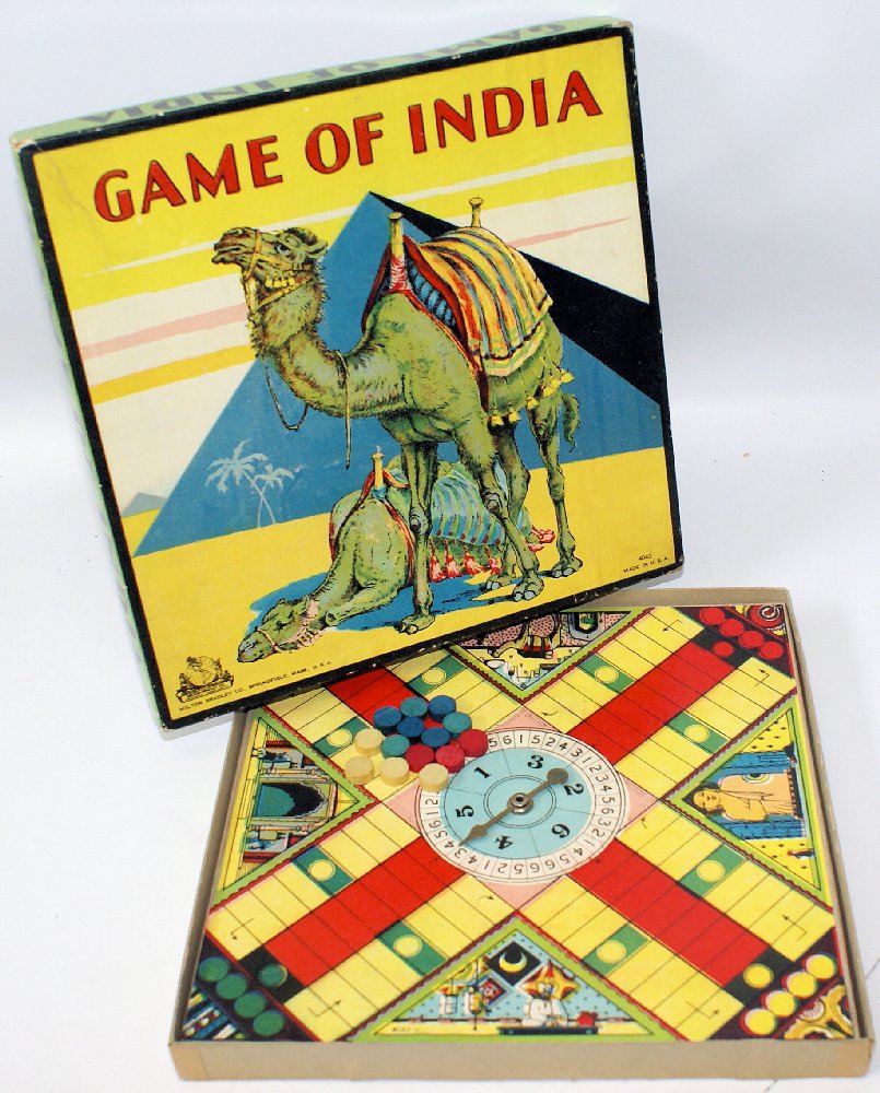 Vintage 1930's GAME OF INDIA #4043 Parcheesi Game by: Vintage 1930's GAME OF INDIA #4043 Parcheesi Game by Milton Bradley. Beautiful bright cardboard lithographay with 2 camels and Egyptian pyramid on the box cover. And on the game board, the 4 "home" sp