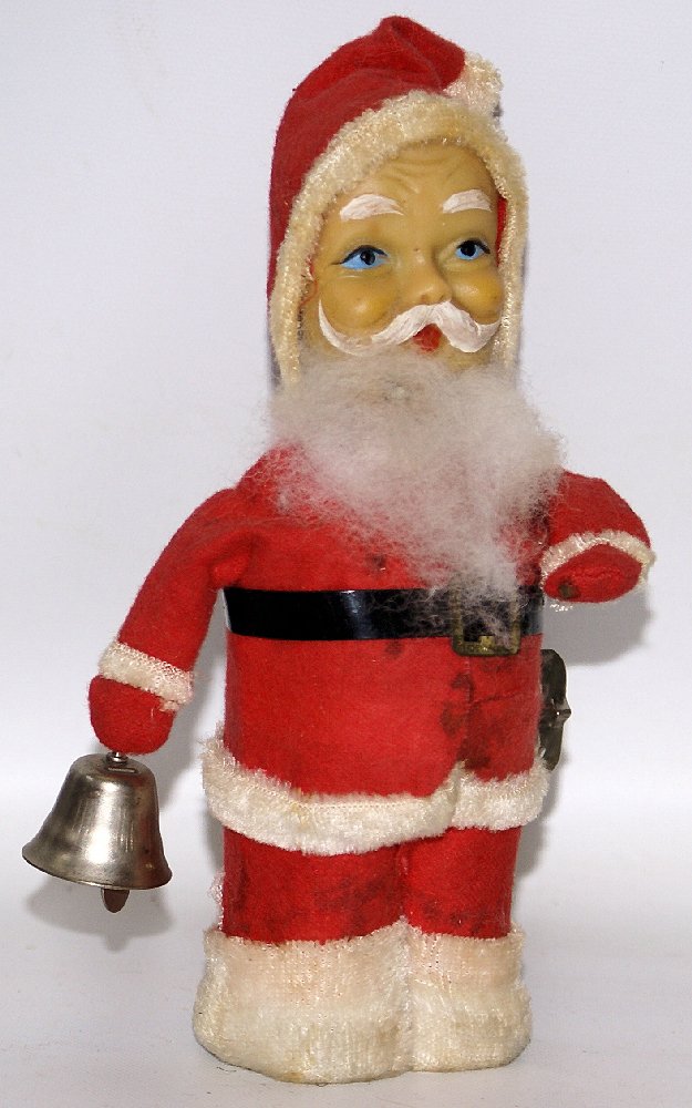 Vintage Original Mechanical Wind-up BELL RINGING SANTA: Vintage Original Mechanical Wind-up BELL RINGING SANTA CLAUS, Japan. Nice working condition. When wound, the little felt covered Santa with cotton beard, moves his arm up and down and the bell rings. 