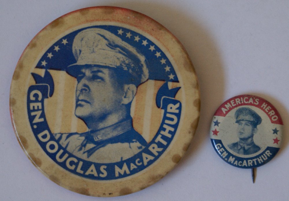 2 Vintage Gen. Douglas MacArthur WWII Political: Lot of 2 Vintage Gen. Douglas MacArthur WWII Political Campaign Pin Pinback Buttons. The larger pin measures 2-1/2" in diameter, and the smaller one measures 1" in diameter. America's Hero. Perfect to