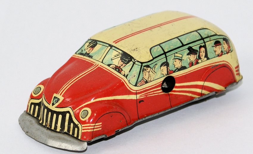 Vintage Wind-up Tin Litho Red & Cream Toy Coach Car, US (1 of 2)