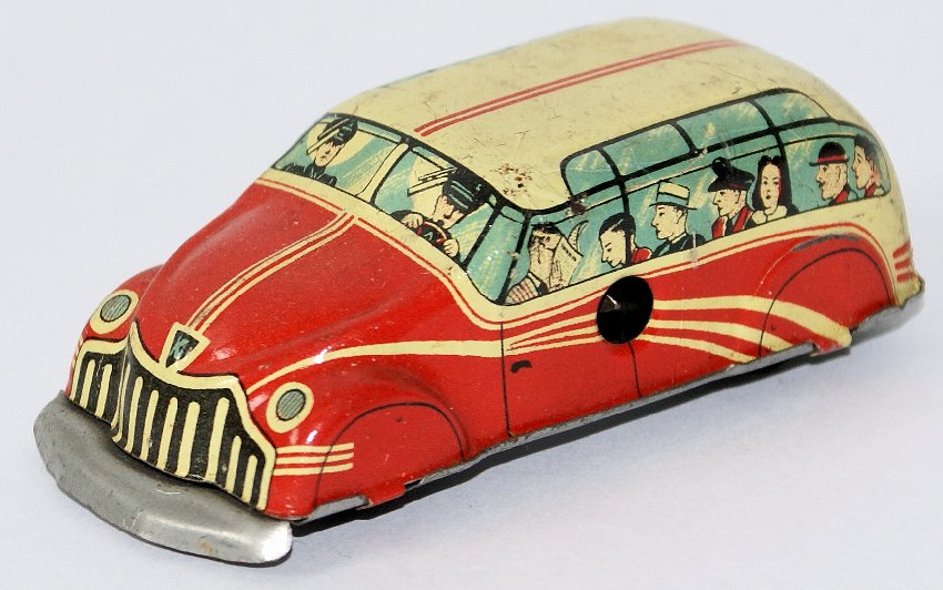 Vintage Wind-up Tin HK-405 Red & Cream Toy Bus Car, US (1 of 2)