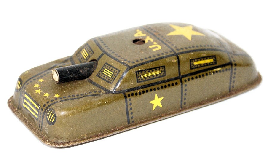 Vintage Tin Litho ARGO US Army Military Armored Toy Car: Vintage Tin Lithographed ARGO US Army Military Armored Toy Car with Barrel Cannon. It's supposed to shoot bb's but not sure how and if it works. The car has some wear and is in overall good condition.