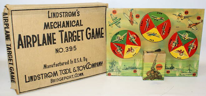 Vintage Wind-up Tin Litho LINDSTROM'S MECHANICAL: Vintage Wind-up Tin Lithographed LINDSTROM'S MECHANICAL AIRPLANE TARGET GAME #395. Made by Lindstrom Tool & Toy Co. in Bridgeport, Connecticut. Measures 16" x 12". Absolutely beautiful bright tin plat