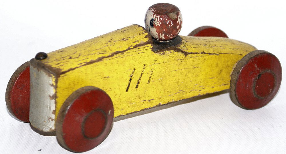 RARE Vintage 1930's Small Wooden Yellow Racer Race Car (1 of 4)