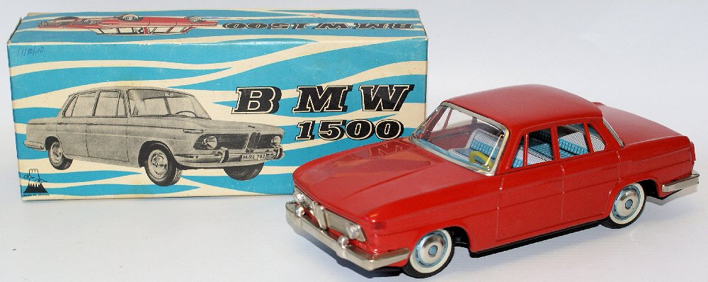 RARE Vintage Tin Litho Friction BMW 1500 Red Sedan Toy (1 of 4)