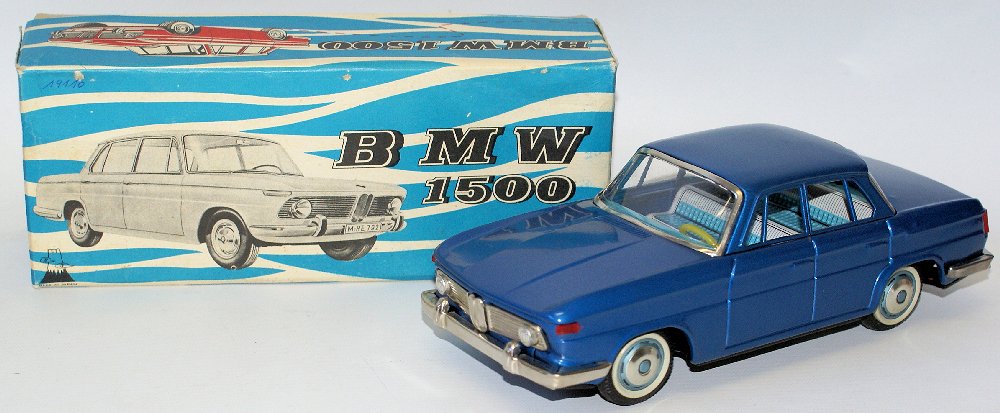 RARE Vintage Tin Litho Friction BMW 1500 Blue Sedan Toy (1 of 6)