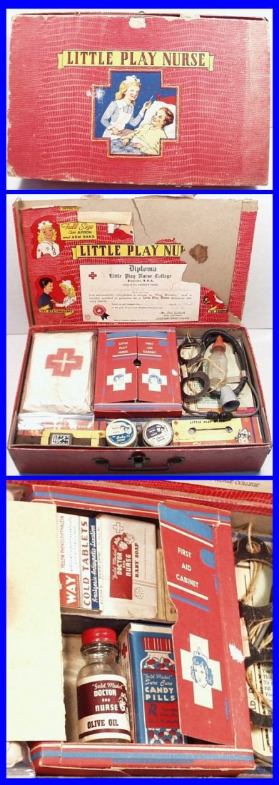 Vintage 1947 LITTLE PLAY NURSE Nursing Suitcase Set by: Vintage 1947 LITTLE PLAY NURSE Nursing Suitcase Set by Transogram. Signed by the Little Nurse, September 25, 1947. Seems to be pretty complete. Contains the first aid cabinet. Suitcase is fair. With a