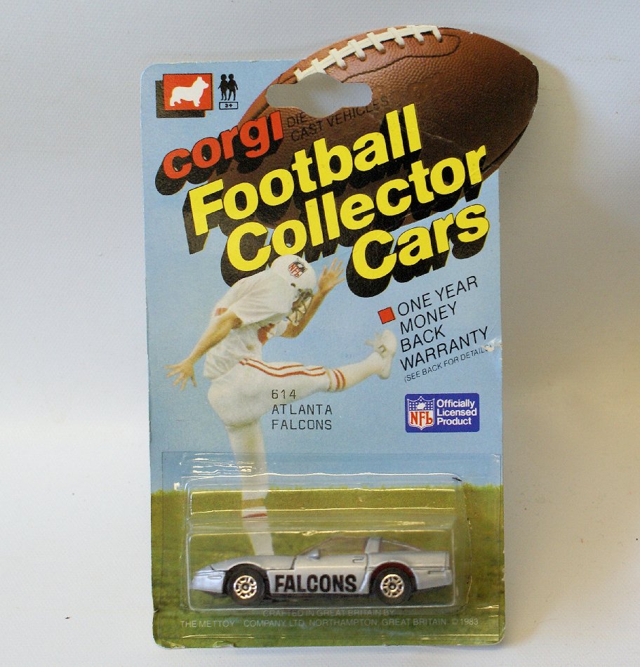 Vintage 1983 CORGI Football NFL Car #614 ATLANTA: Vintage 1:64 Scale Diecast Metal 1983 CORGI Football Collector Car #614 ATLANTA FALCONS Silver Chevy Corvette, sealed on the original card. Card has a couple of very slight creases. Overal LN conditio