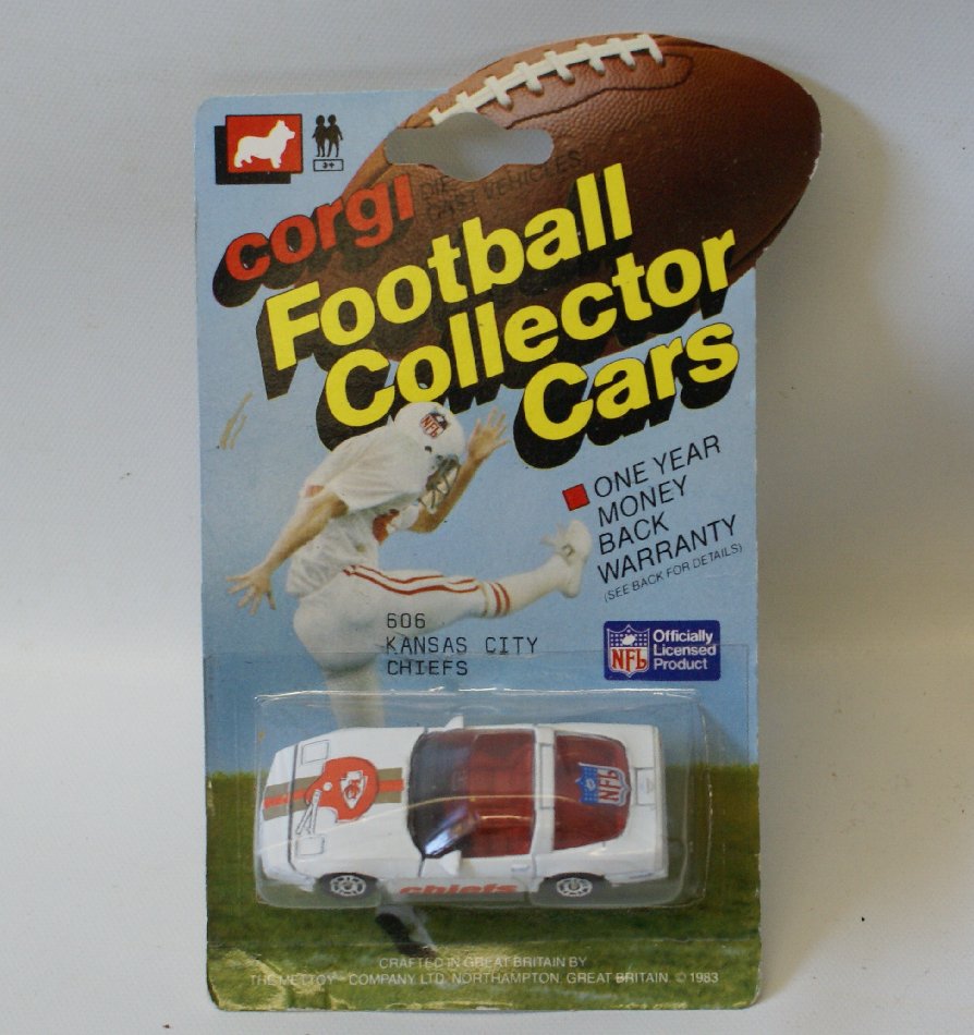 Vintage 1983 CORGI Football NFL Car #606 KANSAS CITY: Vintage 1:64 Scale Diecast Metal 1983 CORGI Football Collector Car #606 KANSAS CITY CHIEFS White Chevy Corvette, sealed on the original card. Card has a couple of very slight creases. Overal LN condit