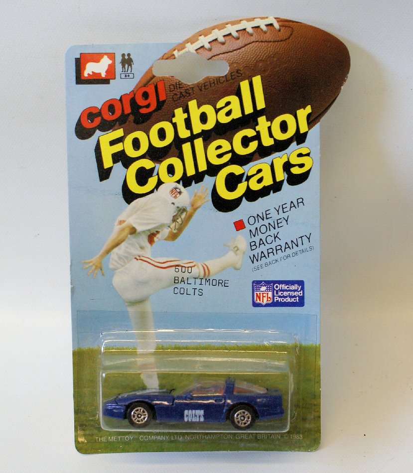 Vintage 1983 CORGI Football NFL Car #600 BALTIMORE: Vintage 1:64 Scale Diecast Metal 1983 CORGI Football Collector Car #600 BALTIMORE COLTS Blue Chevy Corvette, sealed on the original card. Card has a couple of very slight creases. Overal LN condition.