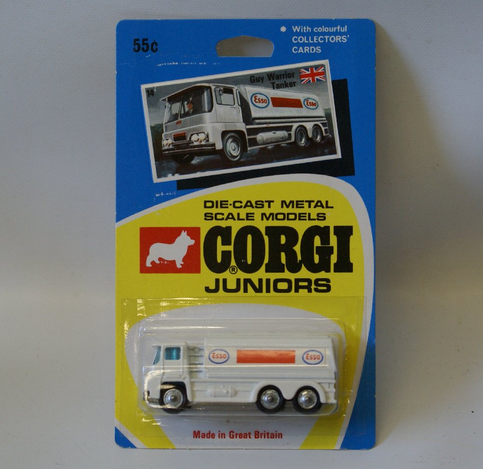 Vintage 1970's 1:64 CORGI Juniors No. 14 GUY WARRIOR: Vintage 1970's 1:64 Scale Diecast Metal CORGI Juniors No. 14 GUY WARRIOR ESSO TANKER TRUCK, sealed on the original card. Card has a few slight creases. (Please also use pictures to judge condition for