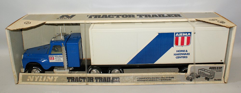 NYLINT #820 ARMA Home & Hardware Semi Tractor Trailer: Vintage NYLINT #820 ARMA Home & Hardware Centers Semi Tractor Trailer Rig. Features simulated CB antennas, adjustable parking gear, up and down when trailer is detached, roll-up rear door, shatterproo