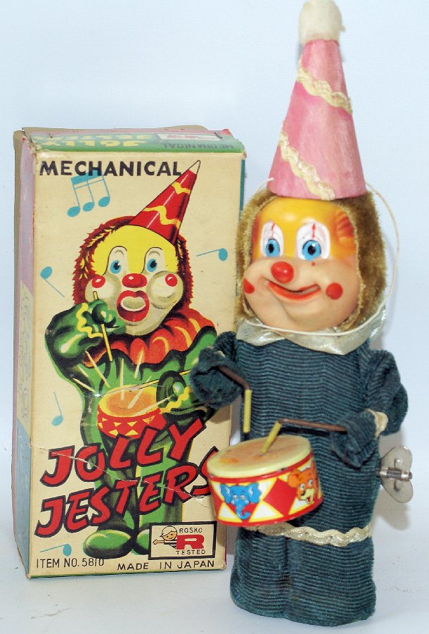 Mechanical Windup JOLLY JESTERS Drumming Clown Jester, (1 of 2)