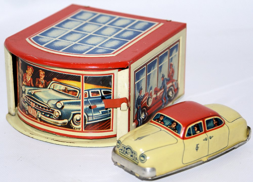 Tin Friction Sedan with Filling Station Garage Set, (1 of 3)