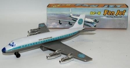 Friction Plastic PAN-AM Pan American DC-8 FAN JET: Vintage Friction Powered Plastic PAN-AM Pan American DC-8 FAN JET Airplane #9094 in the original box. Measures 9-1/2" long, with a 9-1/2" long wingspan. Made by Petrel, Hong Kong. Original old store s