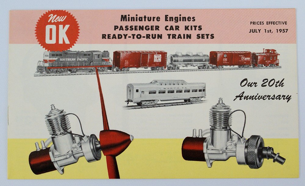1957 OK Hobbies Toy Model Airplane Motors & Train: Vintage 1957 OK Hobbies Toy Model Airplane Motors & Train Catalog Booklet. Contains 16 pages with tons of illustrations and photos of various train cars and sets, Cub model airplane engines and access