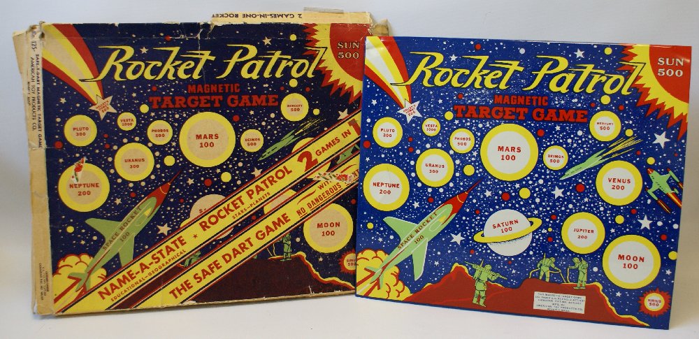 ROCKET PATROL MAGNETIC TARGET SPACE GAME & NAME-A-STATE: Vintage 1950's ROCKET PATROL MAGNETIC TARGET GAME & NAME-A-STATE GAME by American Toys. 2 games in 1. Save dart game with no dangerous points. Comes in the original box, but no gun or targets. Board i
