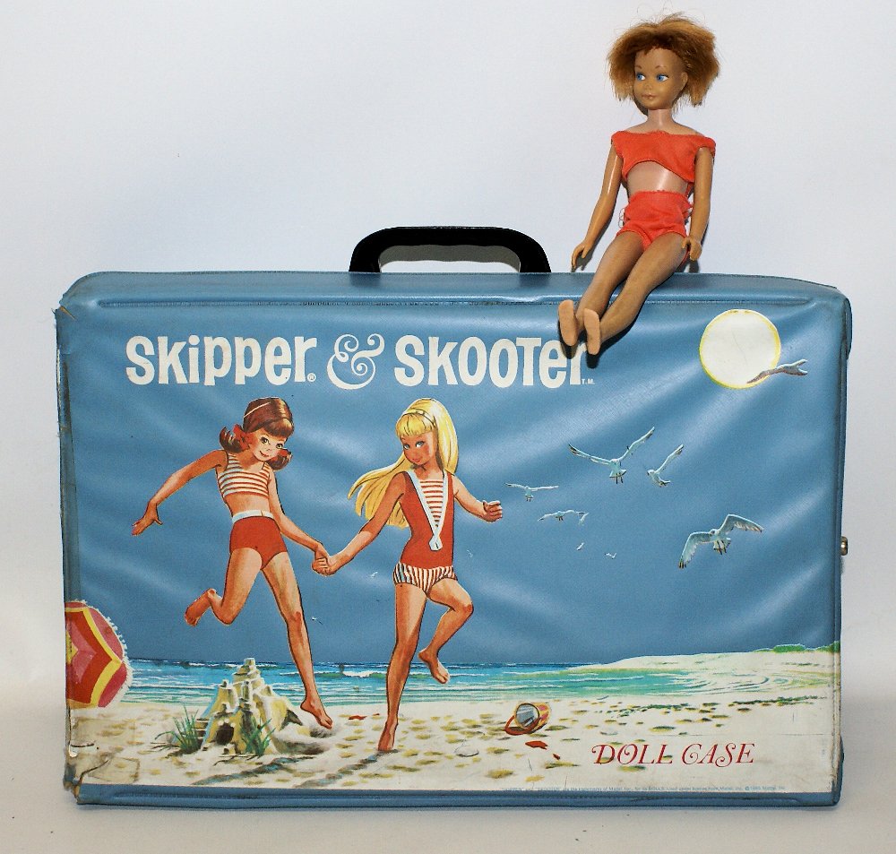 1965 Mattel SKIPPER & SKOOTER Barbie Doll Case with: Vintage 1965 Mattel SKIPPER & SKOOTER Barbie Doll Case with 1963 9" Skipper Doll. Skipper's hair has been cut and her nose and lips have some damage as you can see in the photo. Trunk case lid has bee